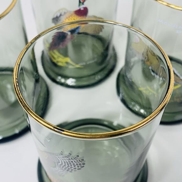 NED SMITH Double Lowball 12 oz Glass Set (4) Smoke Gold Rim Waterfowl Rocks EUC - Picture 9 of 10